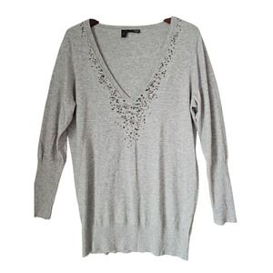 EILEEN FISHER Gray Organic Cotton Cashmere Blend Sequin Trim V Neck Sweater sz L